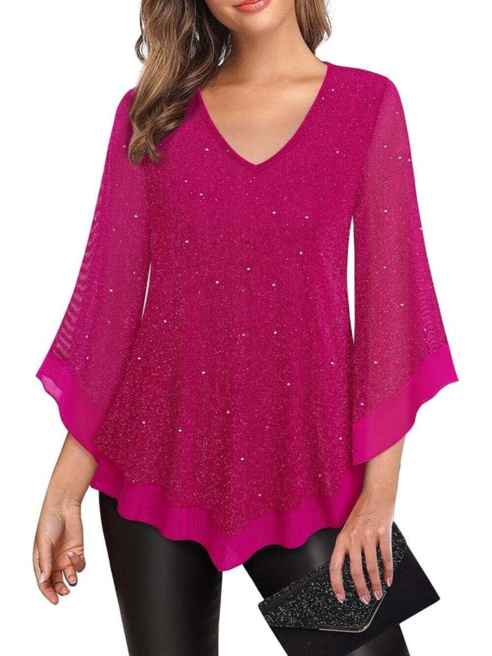 Women's Mesh Shirt Red Double Layer Ruffle 3/4 Flared Sleeve Blouse Tunic Top